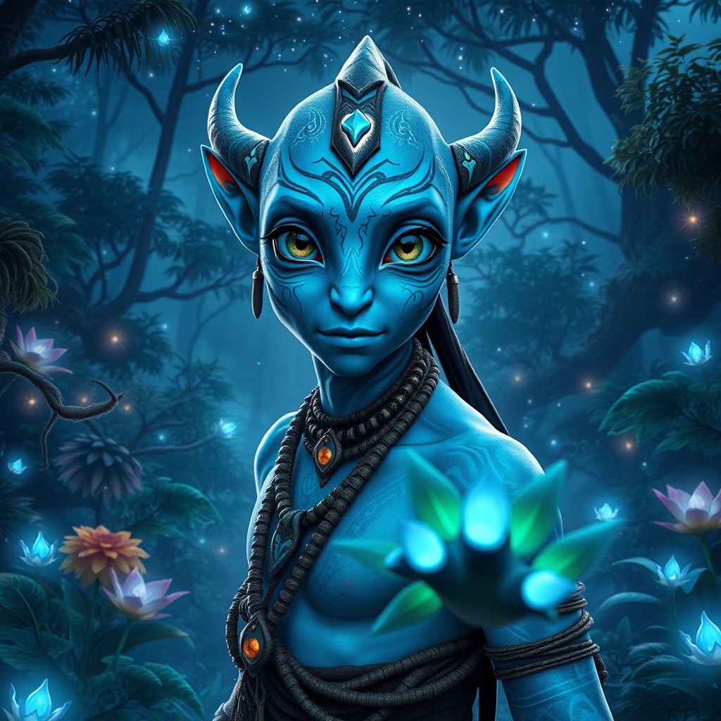 A character based on the user resembling an alien from the movie Avatar, with vibrant blue skin, large expressive eyes, and tribal markings