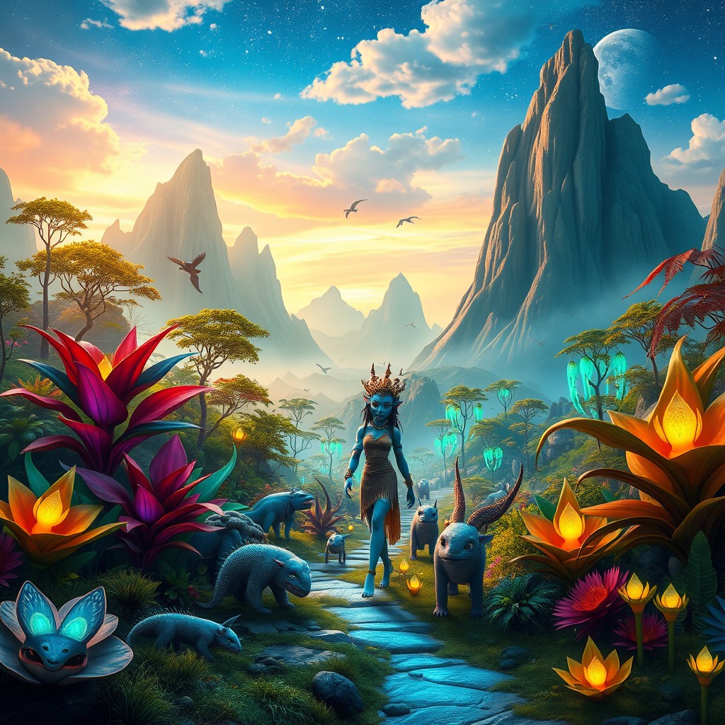 A vibrant and colorful fantasy landscape inspired by the movie 'Avatar', featuring lush, bioluminescent plants, soaring floating mountains, and a mystical sky filled with stars and glowing clouds