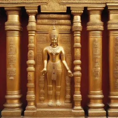 The temple walls were adorned with an encrustation of gold leaf and precious gemstones.