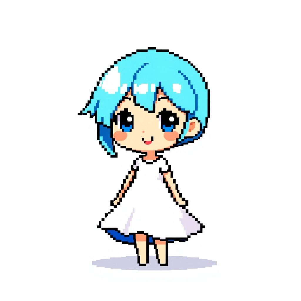 A pixel art character with bright blue hair and a flowing white dress