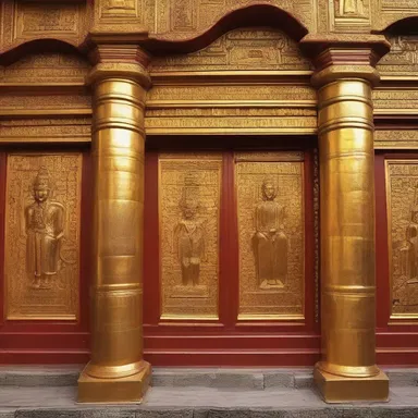 The temple walls were adorned with an encrustation of gold leaf and precious gemstones.