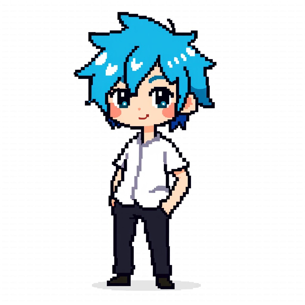 A pixel art character with bright blue hair, wearing a simple white shirt and black pants