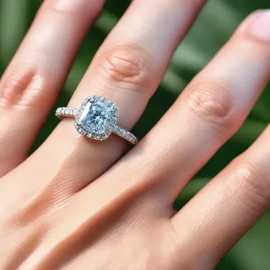The engagement ring sparkled with an encrustation of diamonds on its band.