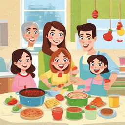 A festive and fun cartoon scene of a family consisting of two parents and their three teenage daughters merrily cooking holiday dishes and sharing presents in a cheery, bright kitchen setting