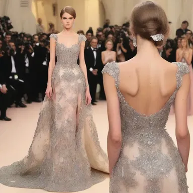 The designer showcased a stunning gown adorned with encrustations of jewels and crystals.