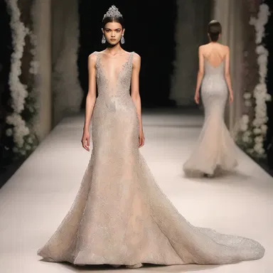 The designer showcased a stunning gown adorned with encrustations of jewels and crystals.