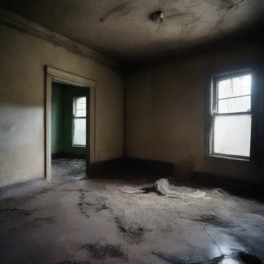 The old haunted house was covered in a thick encrustation of cobwebs and dust, making it appear even scarier.