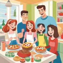 A festive and fun cartoon scene of a family consisting of two parents and their three teenage daughters merrily cooking holiday dishes and sharing presents in a cheery, bright kitchen setting