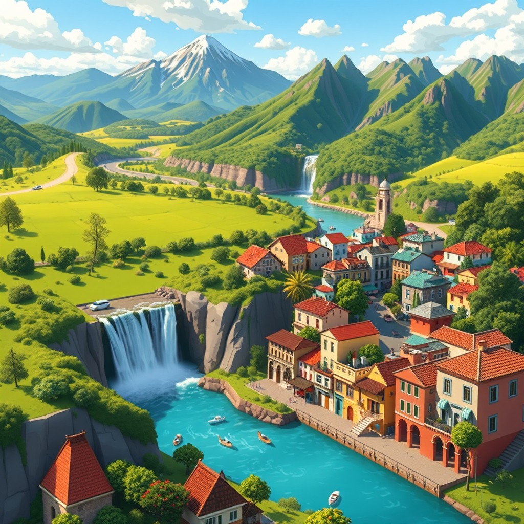 A beautifully illustrated 2D landscape of Argentina, featuring iconic elements like the Andes mountains, vibrant green plains, and the rich culture displayed through traditional houses