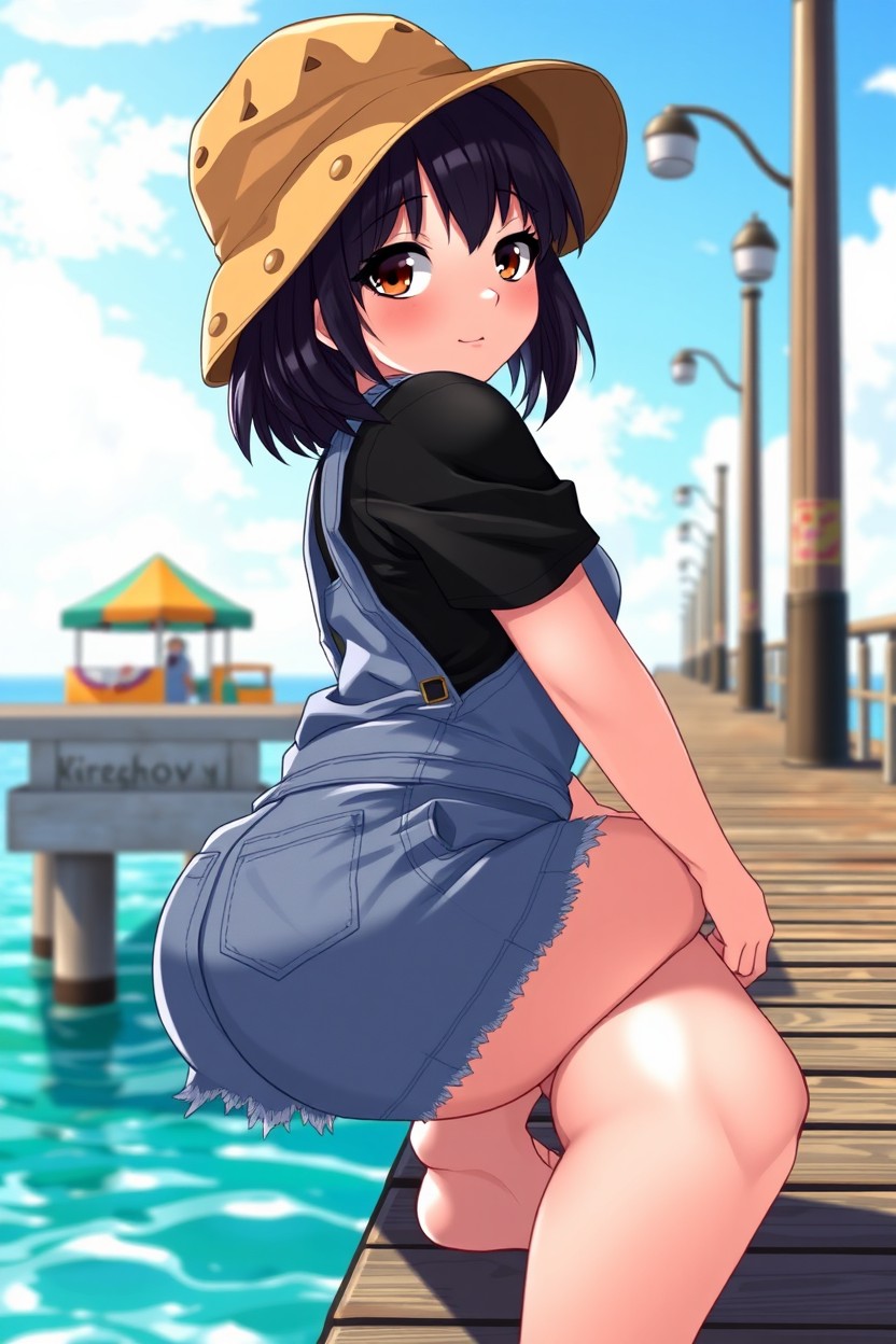 A femboy character with black short hair and brown eyes, thick thighs and wide hips, sitting sideways on a pier during the daytime