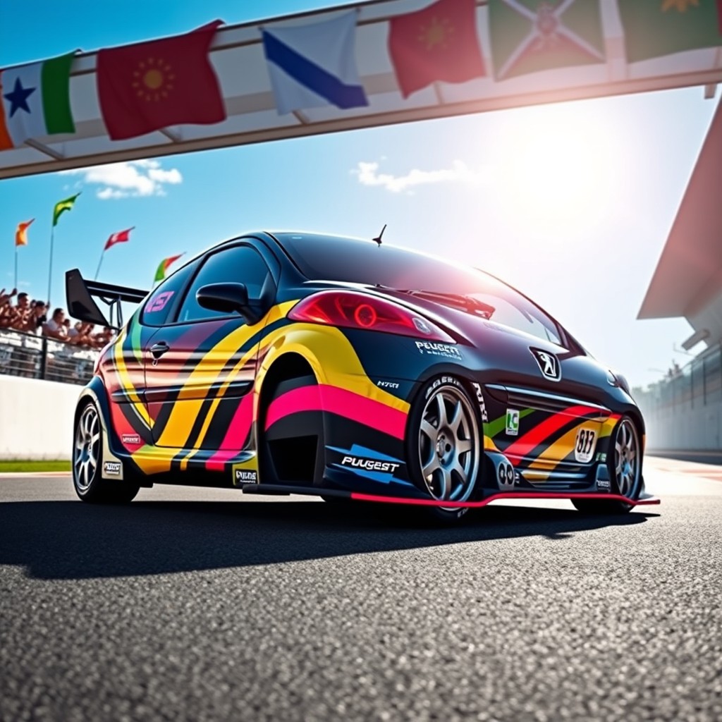 A customized racing Peugeot 206, featuring a slick aerodynamic design with vibrant racing stripes, a sporty bumper, and aggressive wheel rims