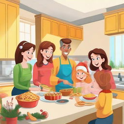 A festive and fun cartoon scene of a family consisting of two parents and their three teenage daughters merrily cooking holiday dishes and sharing presents in a cheery, bright kitchen setting