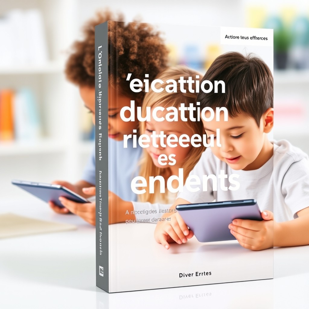 A modern and attractive book cover for 'L’éducation numérique des enfants' featuring real photographs of children engaged in digital activities, such as using tablets or computers