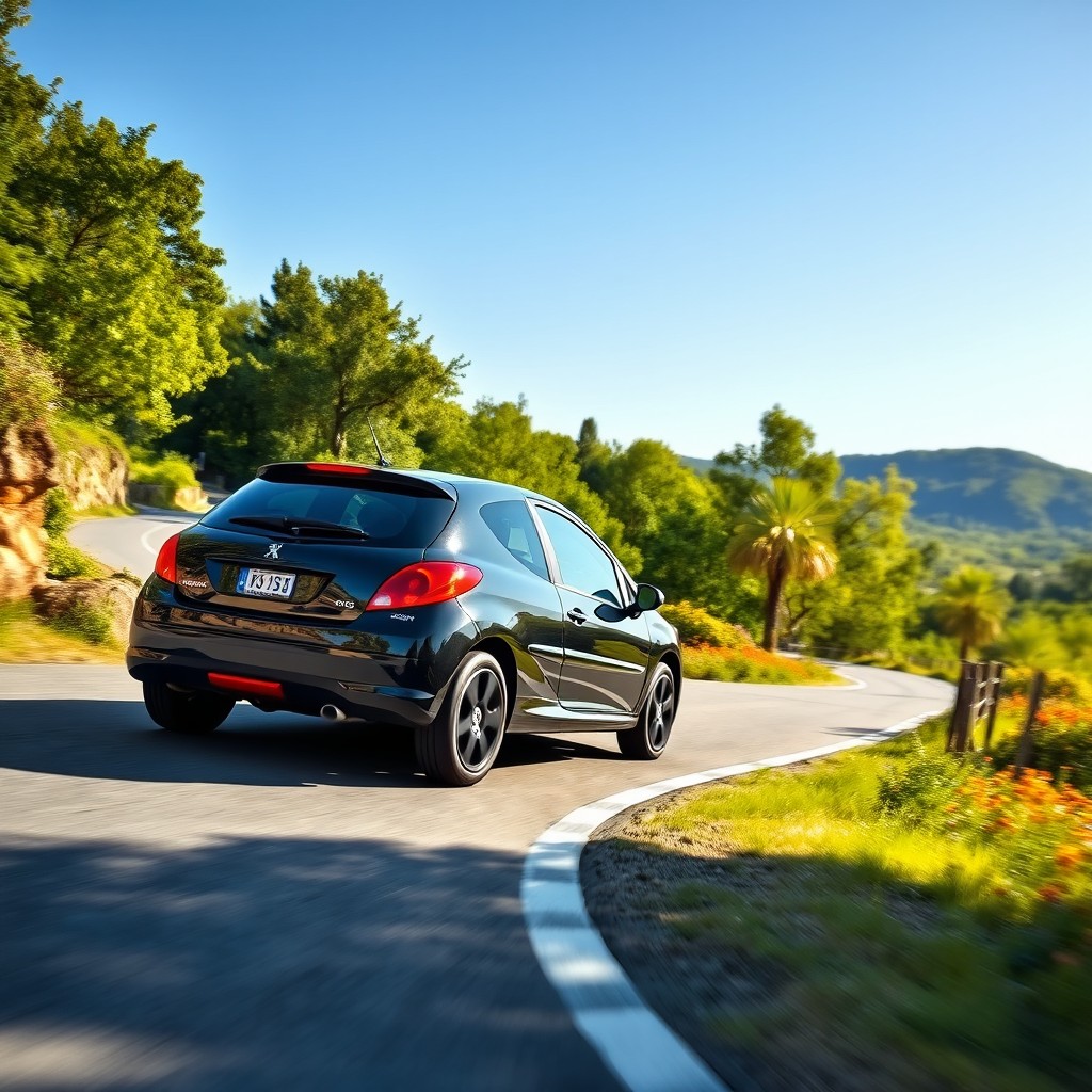 A stunning black Peugeot 206 cruising along a beautiful scenic road