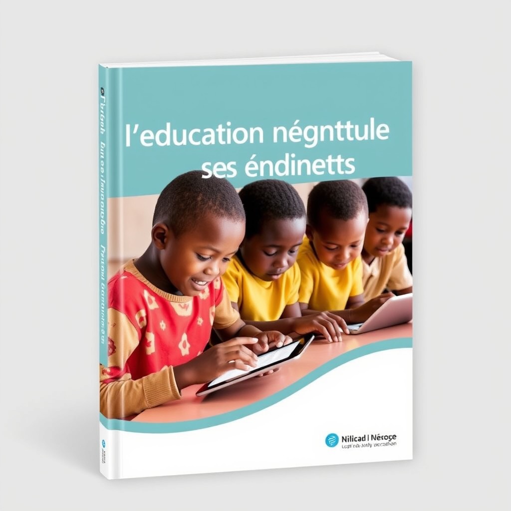 A modern and attractive book cover for 'L’éducation numérique des enfants' featuring real photographs of children in Africa engaged in digital activities, such as using tablets or computers