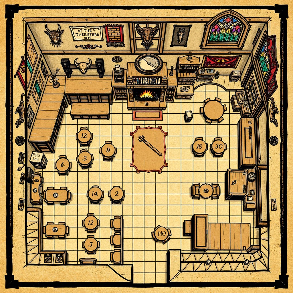 A detailed hand-drawn map for a tavern named 'At the Three Sisters'