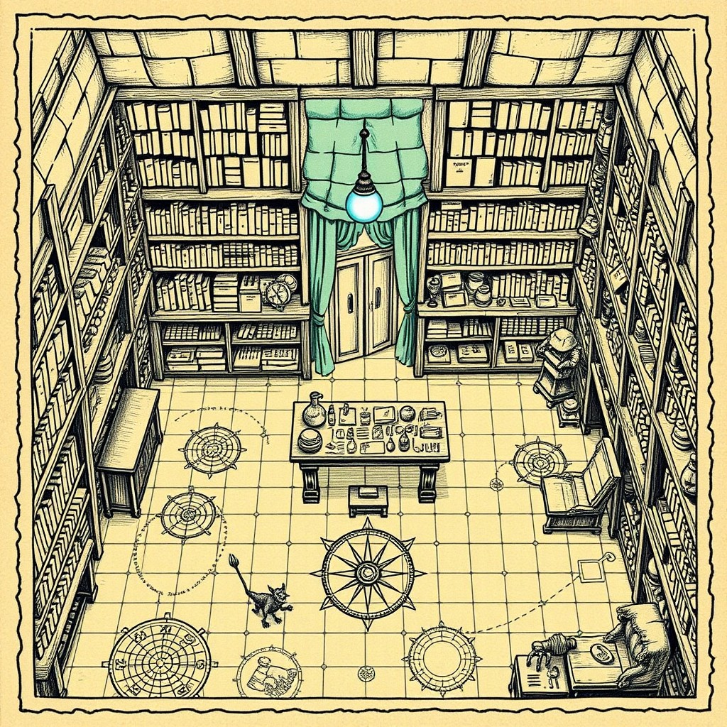 A detailed hand-drawn map for a location named 'Elminster's Wonder Shop'