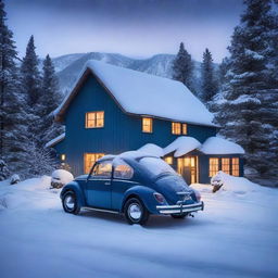 A quaint mountain cottage blanketed in snow at night, with an indigo blue Volkswagen New Beetle parked nearby, its color standing out against the serene, snowy landscape.