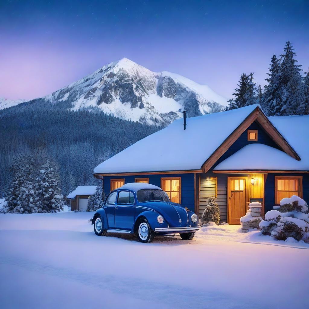 A quaint mountain cottage blanketed in snow at night, with an indigo blue Volkswagen New Beetle parked nearby, its color standing out against the serene, snowy landscape.