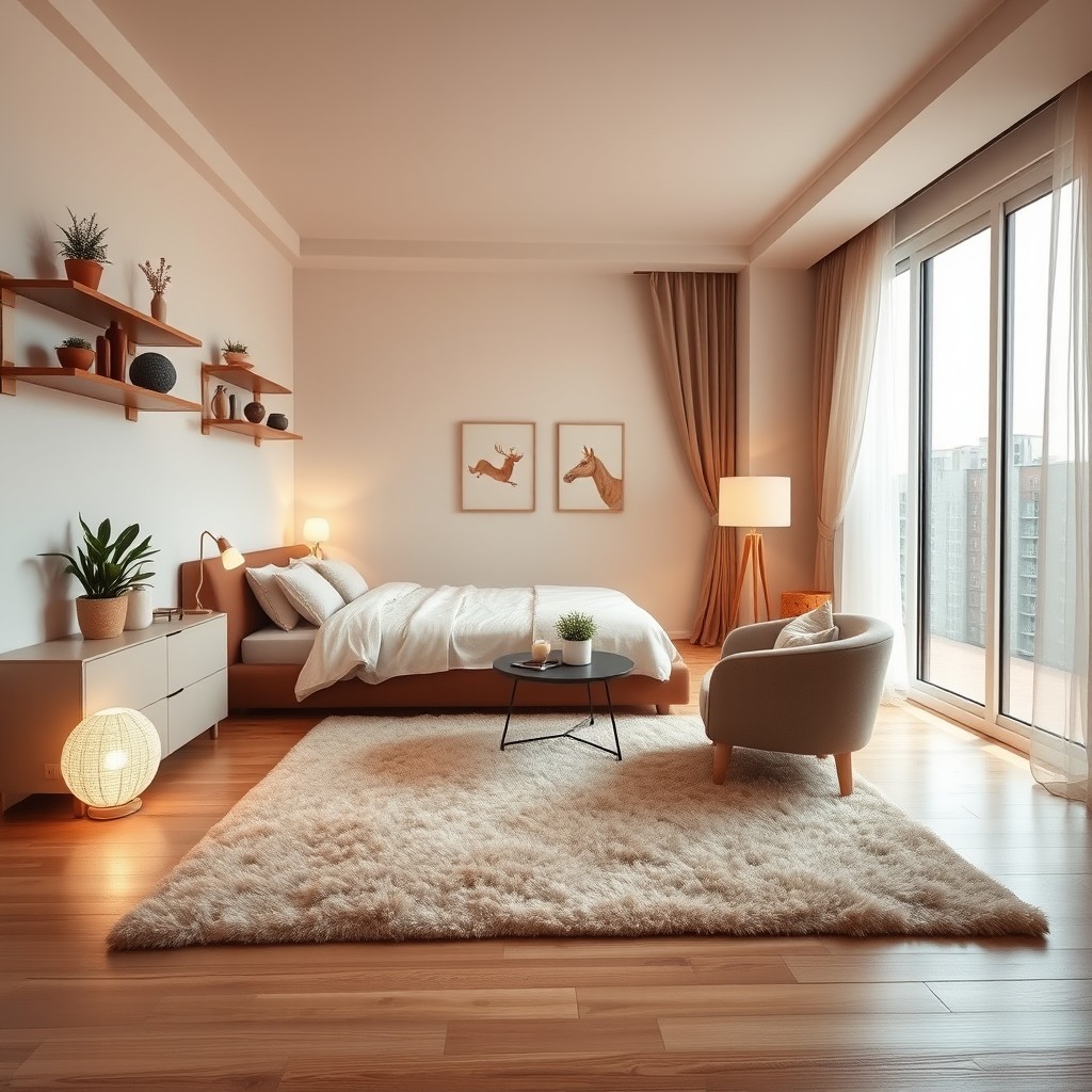 A cozy and inviting master bedroom designed for a couple within a one-room apartment