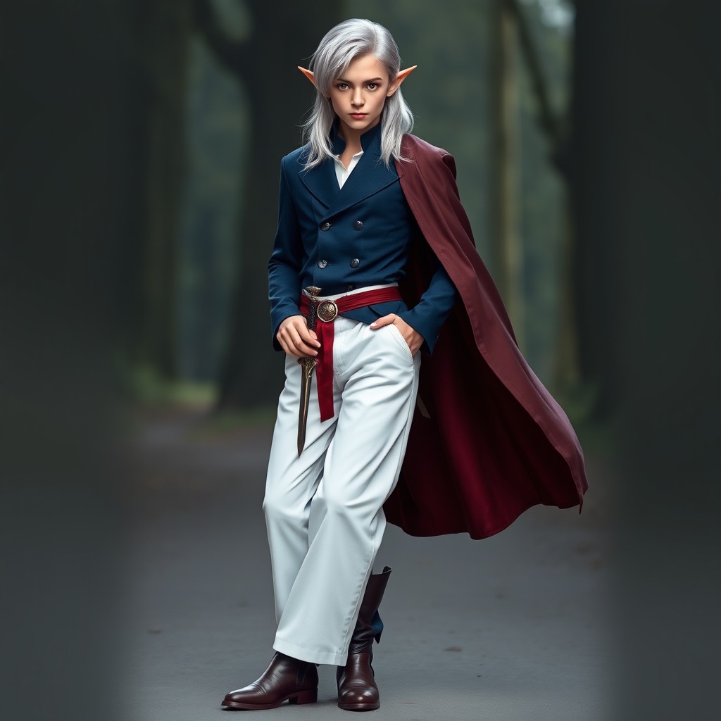 A full-length portrait of an elegant young elf, showcasing striking features