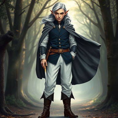 A full-length image of an elegant young elf man, radiating charm and sophistication