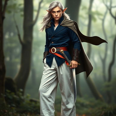 A full-length image of an elegant young elf man, radiating charm and sophistication