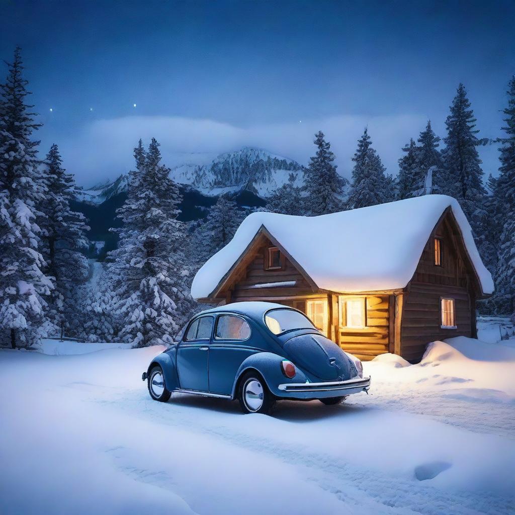 A quaint mountain cottage blanketed in snow at night, with an indigo blue Volkswagen New Beetle parked nearby, its color standing out against the serene, snowy landscape.