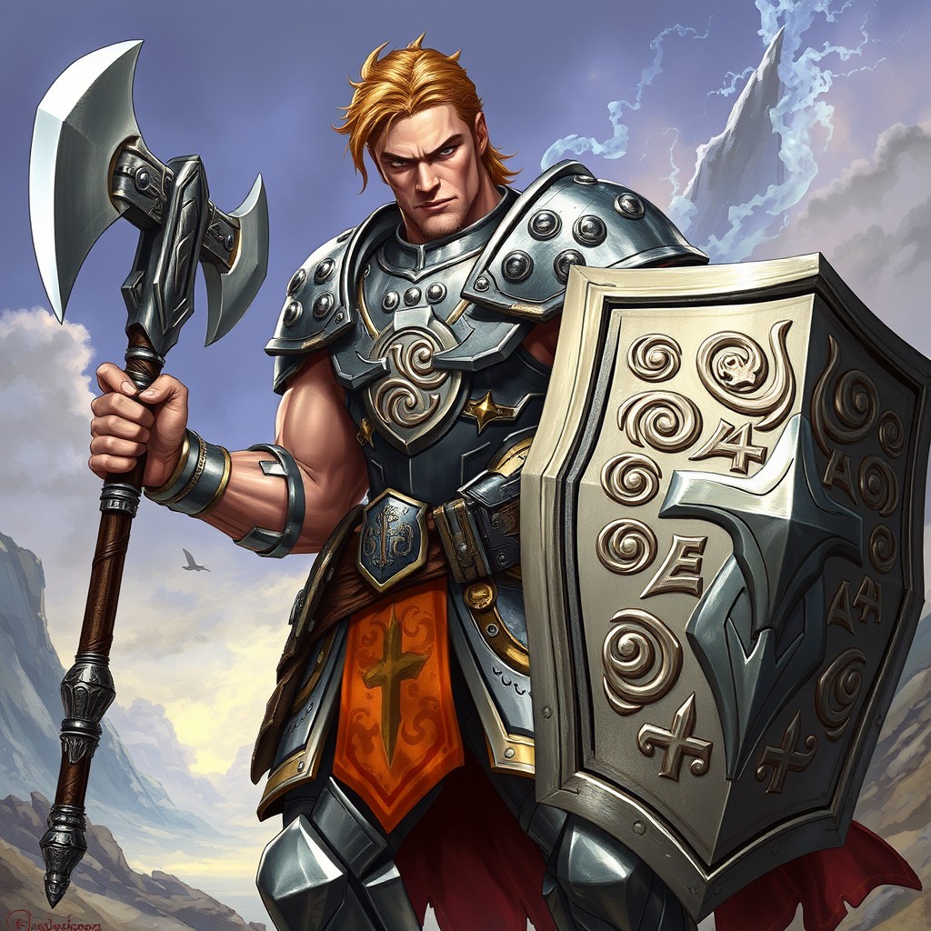 A powerful male paladin from Dungeons & Dragons, depicted in a dynamic illustration style