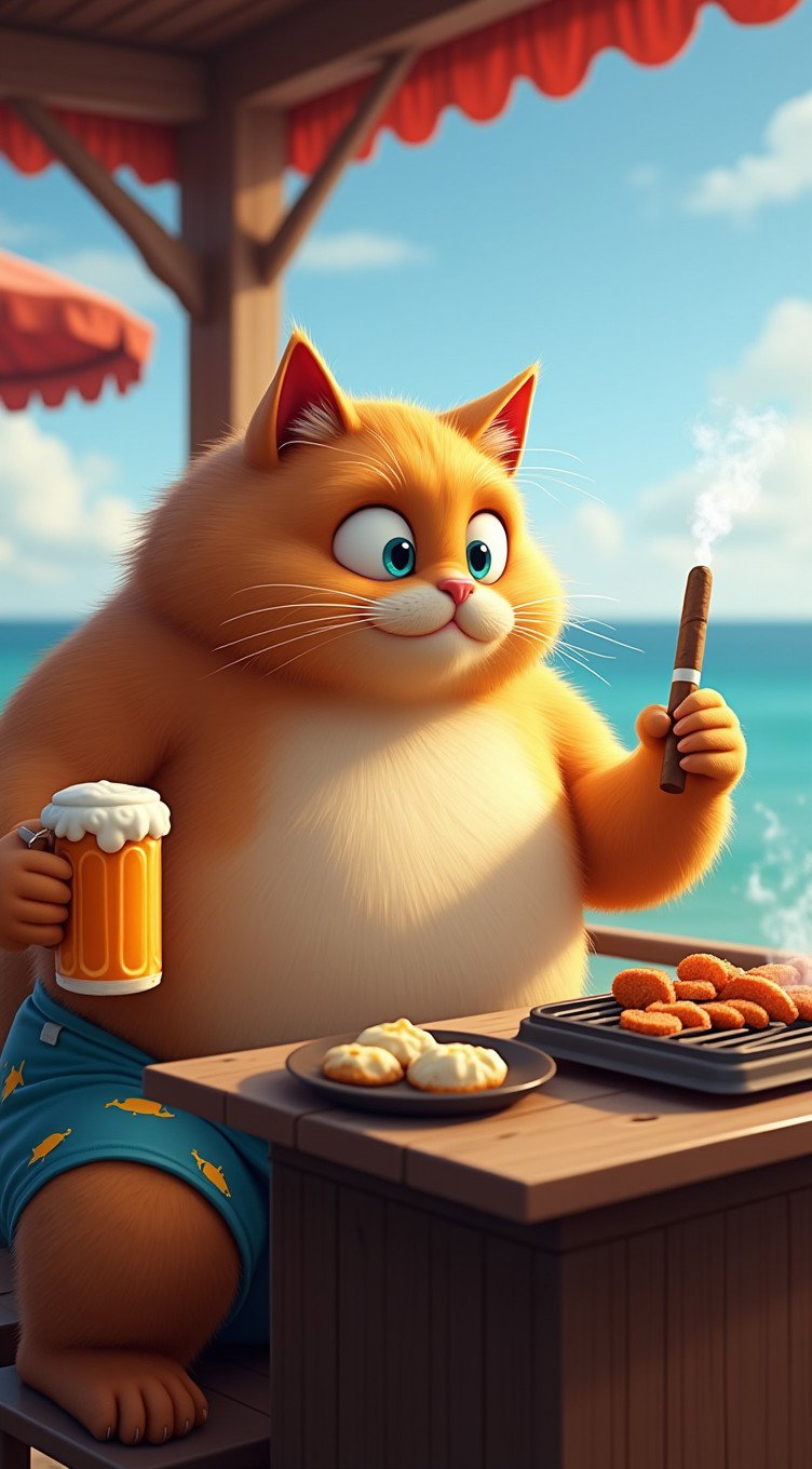 A large, sweet, and fat orange cat with big, lovely blue eyes and a wonderful smile sits comfortably behind a bar in a seaside café, gazing out at the open sea