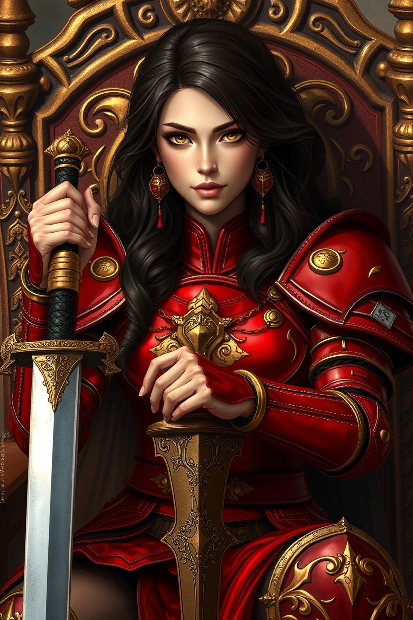 A beautiful warrior with dark brown hair, seated majestically on a throne while wearing striking red armor accented with golden tones