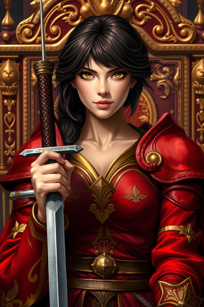 A beautiful dark brown-haired warrior, wearing a red armor with golden tones sitting on a throne