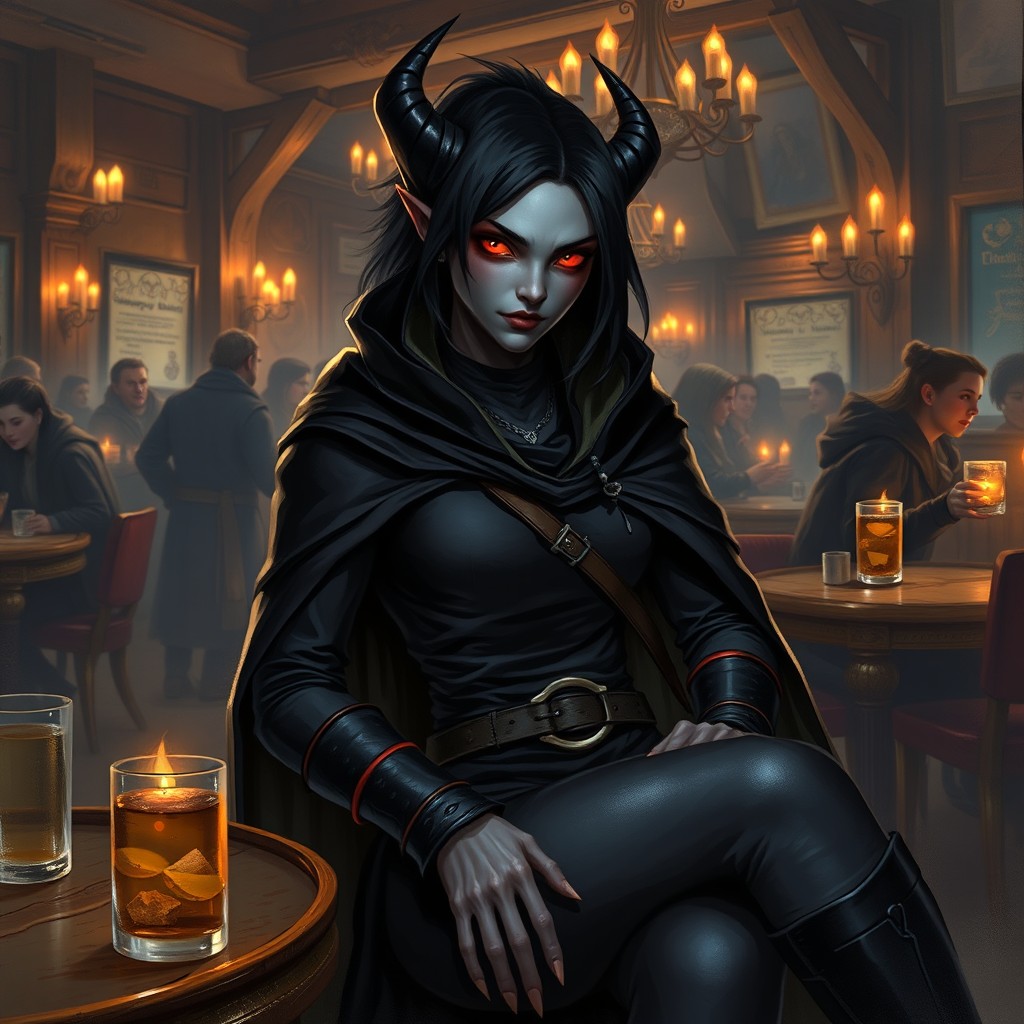 A tiefling rogue with striking black hair, smooth gray skin, and glowing red eyes, sits confidently in a lively tavern