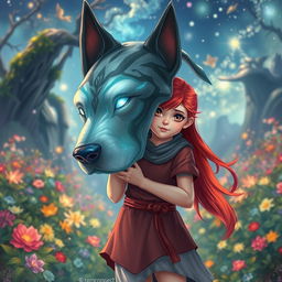 A vibrant and enchanting fantasy scene depicted in a manhwa style, showcasing a young girl with striking red hair standing confidently