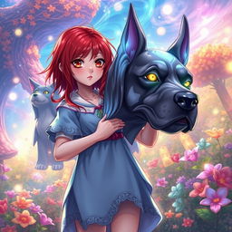 A vibrant and enchanting fantasy scene depicted in a manhwa style, showcasing a young girl with striking red hair standing confidently