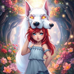 A vibrant and enchanting fantasy scene depicted in a manhwa style, showcasing a young girl with striking red hair standing confidently