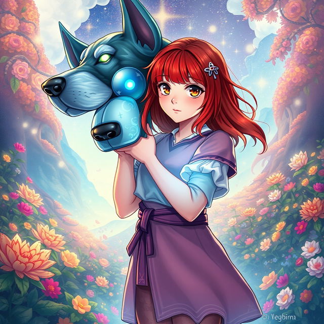 A vibrant and enchanting fantasy scene depicted in a manhwa style, showcasing a young girl with striking red hair standing confidently