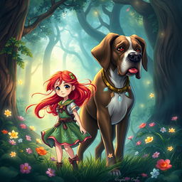 A vibrant fantasy scene featuring a young girl with bright red hair, dressed in colorful, whimsical clothing, alongside a large magical dog resembling a Great Dane