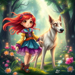 A vibrant fantasy scene featuring a young girl with bright red hair, dressed in colorful, whimsical clothing, alongside a large magical dog resembling a Great Dane