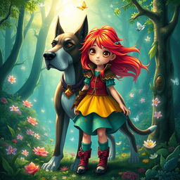 A vibrant fantasy scene featuring a young girl with bright red hair, dressed in colorful, whimsical clothing, alongside a large magical dog resembling a Great Dane