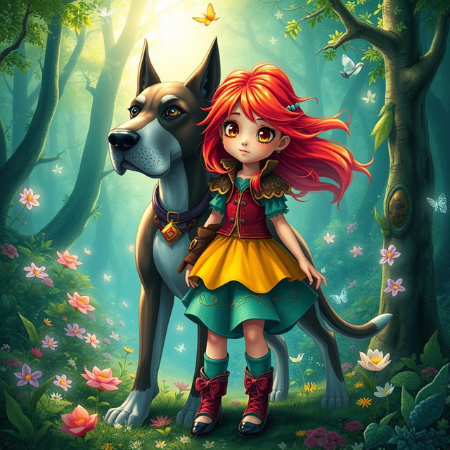 A vibrant fantasy scene featuring a young girl with bright red hair, dressed in colorful, whimsical clothing, alongside a large magical dog resembling a Great Dane