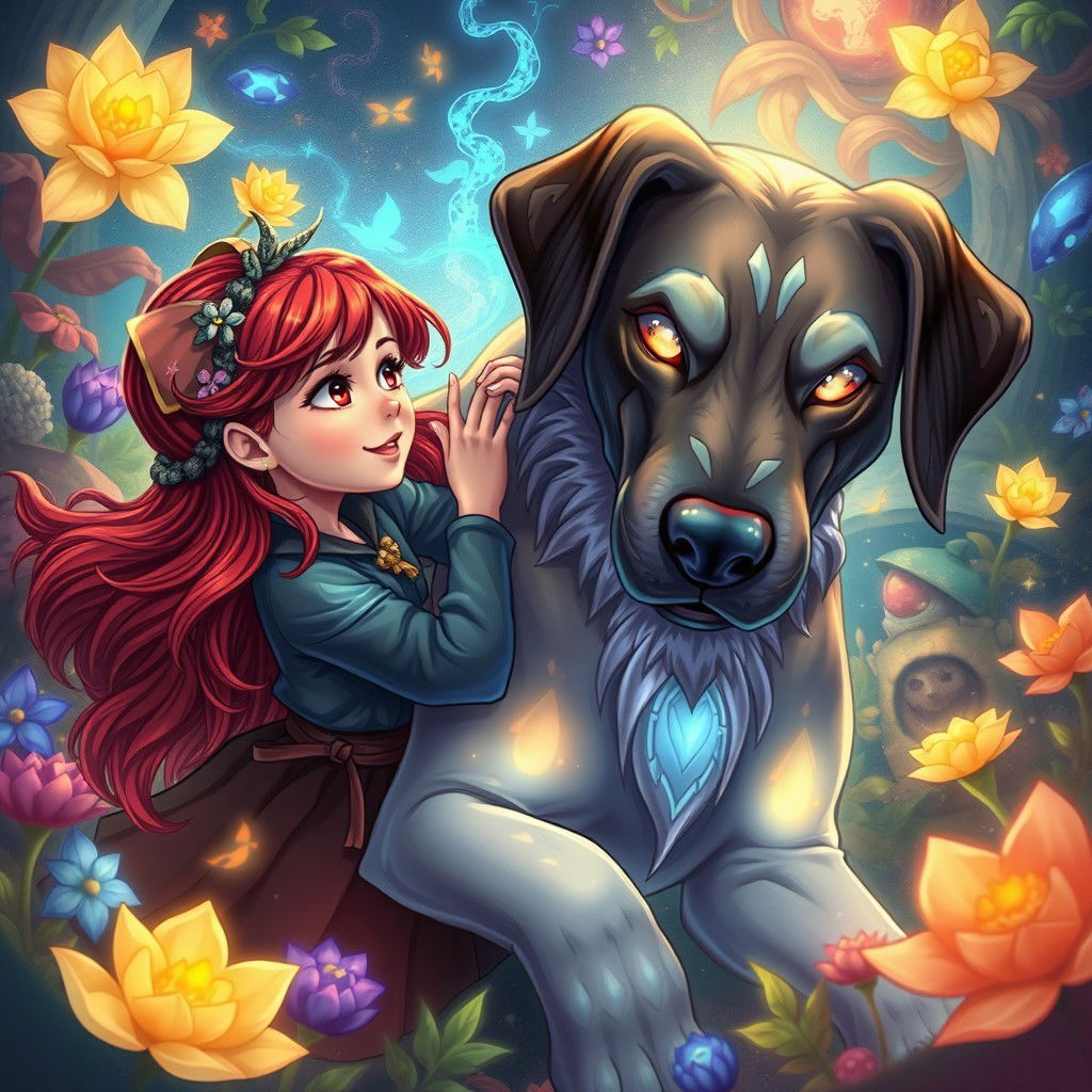 A captivating fantasy manhwa scene featuring a young girl with vibrant red hair, joyfully interacting with a large magical dog that resembles a Great Dane
