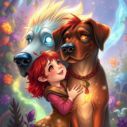 A captivating fantasy manhwa scene featuring a young girl with vibrant red hair, joyfully interacting with a large magical dog that resembles a Great Dane