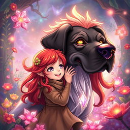 A captivating fantasy manhwa scene featuring a young girl with vibrant red hair, joyfully interacting with a large magical dog that resembles a Great Dane