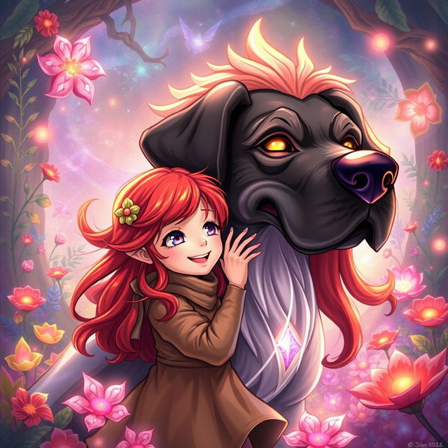 A captivating fantasy manhwa scene featuring a young girl with vibrant red hair, joyfully interacting with a large magical dog that resembles a Great Dane