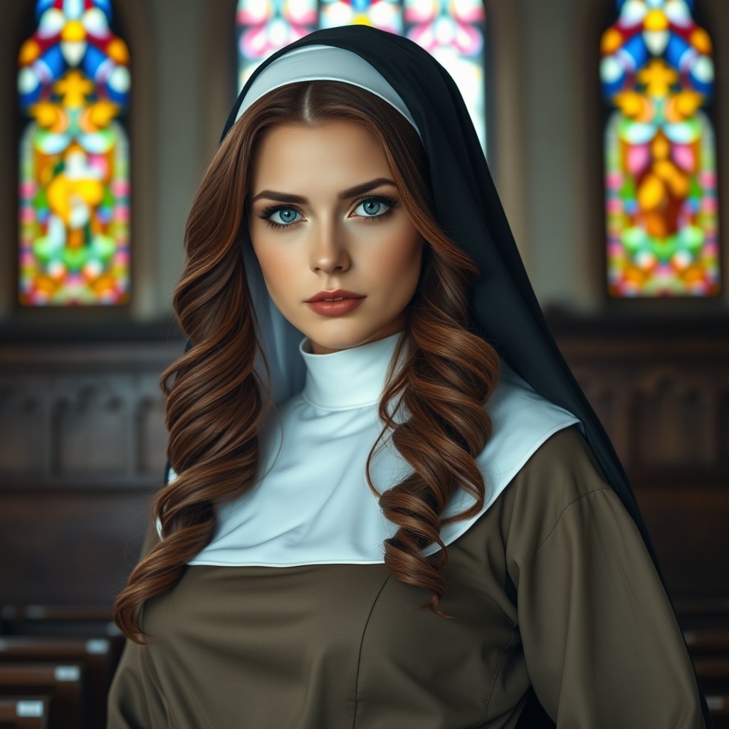 A striking Victorian nun with cascading brown hair and captivating blue eyes, portrayed in a traditional nun's habit that accentuates her buxom figure