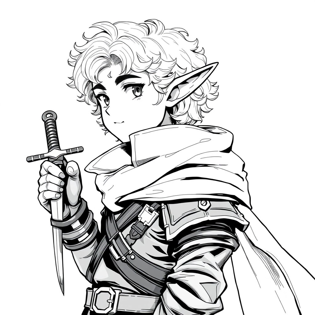 Anime style illustration of a male halfling thief, showcasing his curly hair and rounded ears