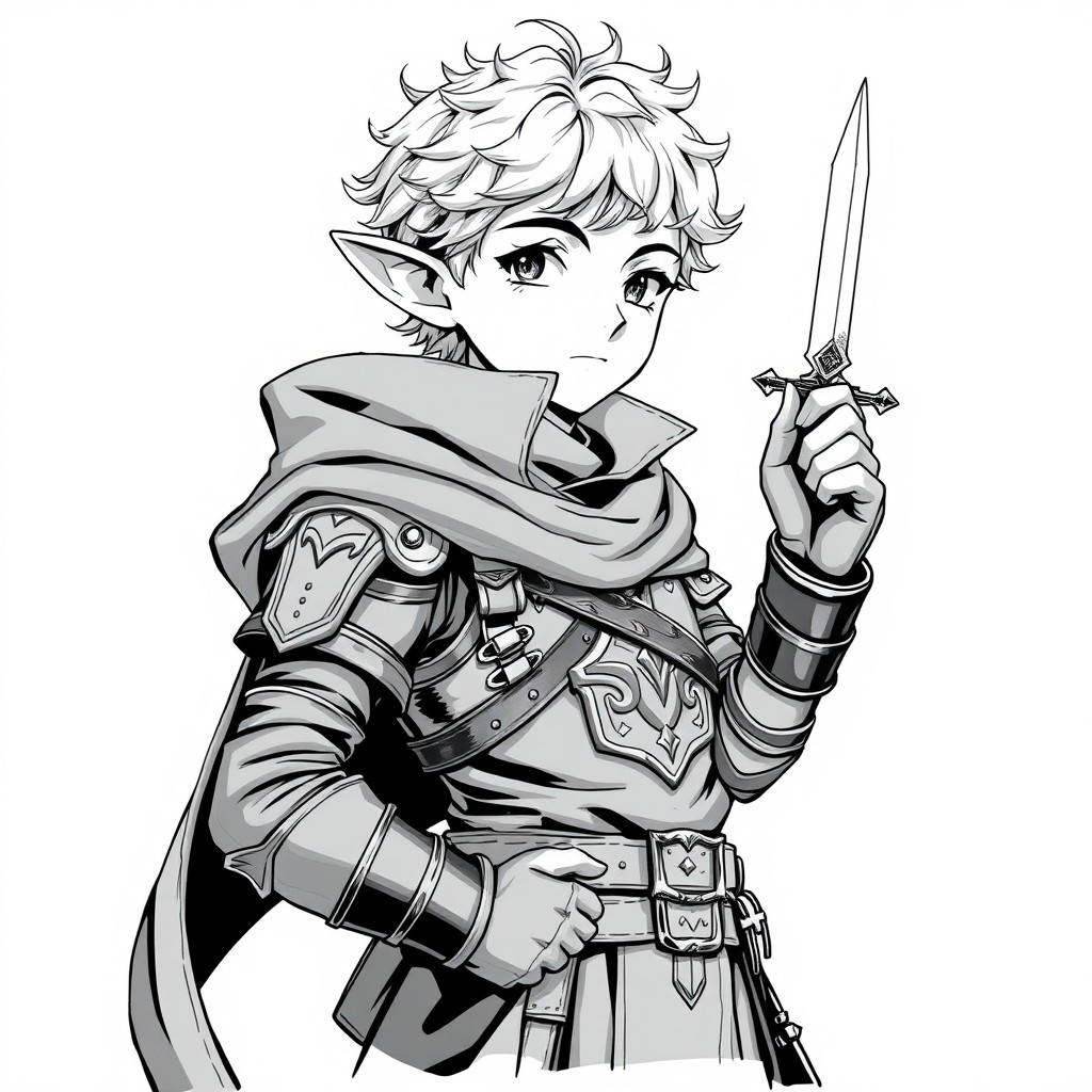 Anime style illustration of a male halfling thief, featuring curly hair and normal ears