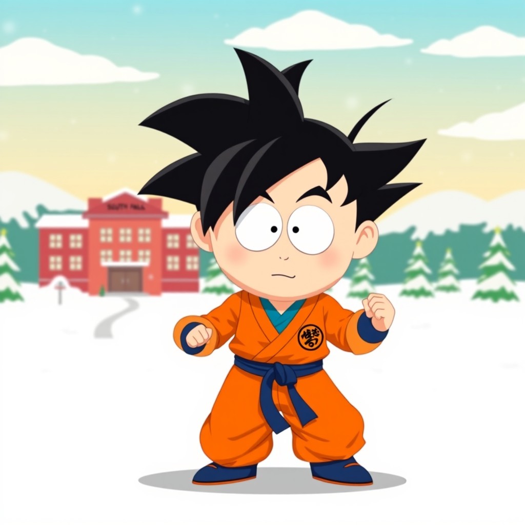 A whimsical, cartoonish representation of a character inspired by Goku from Dragon Ball Z, stylized in the unique art style of South Park