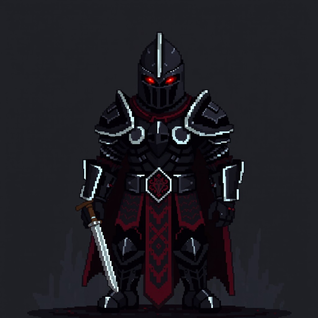 A pixelated Black Knight dressed in intimidating black medieval knight armor that has a slight reddish hue, predominantly black